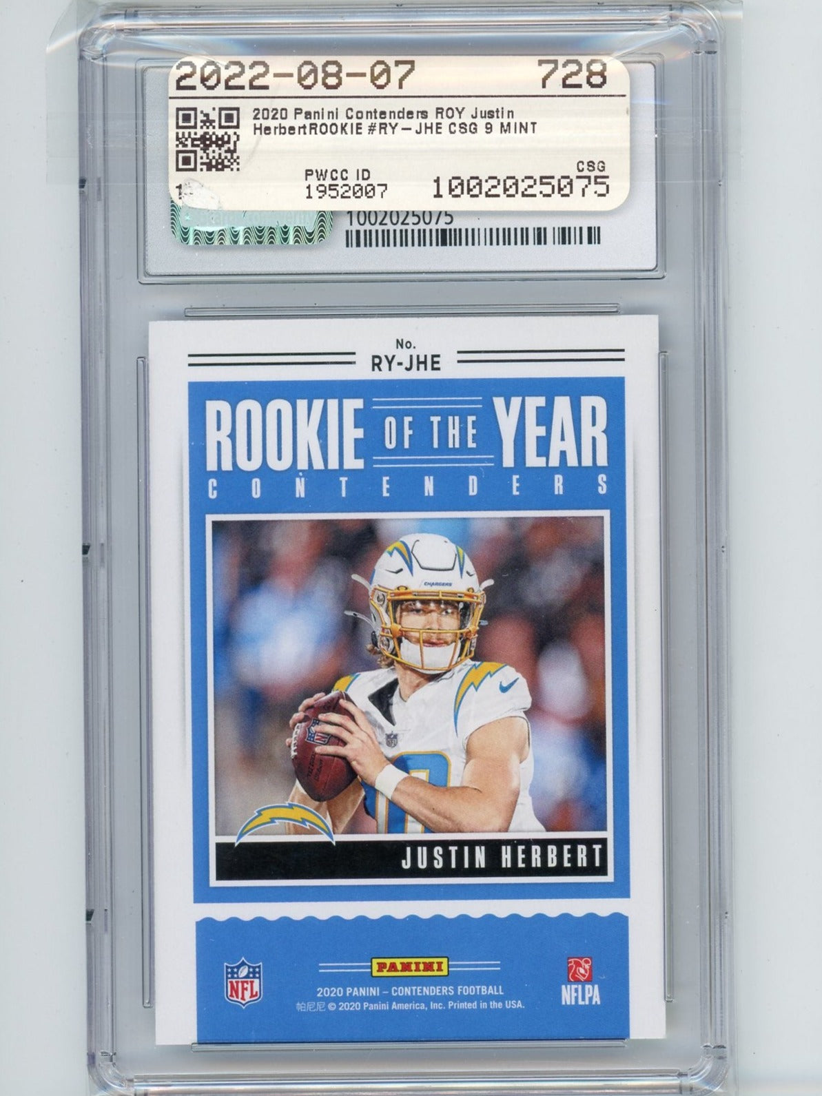 Justin Herbert 2020 Panini Rookie of the Year Contenders rookie card CSG 9