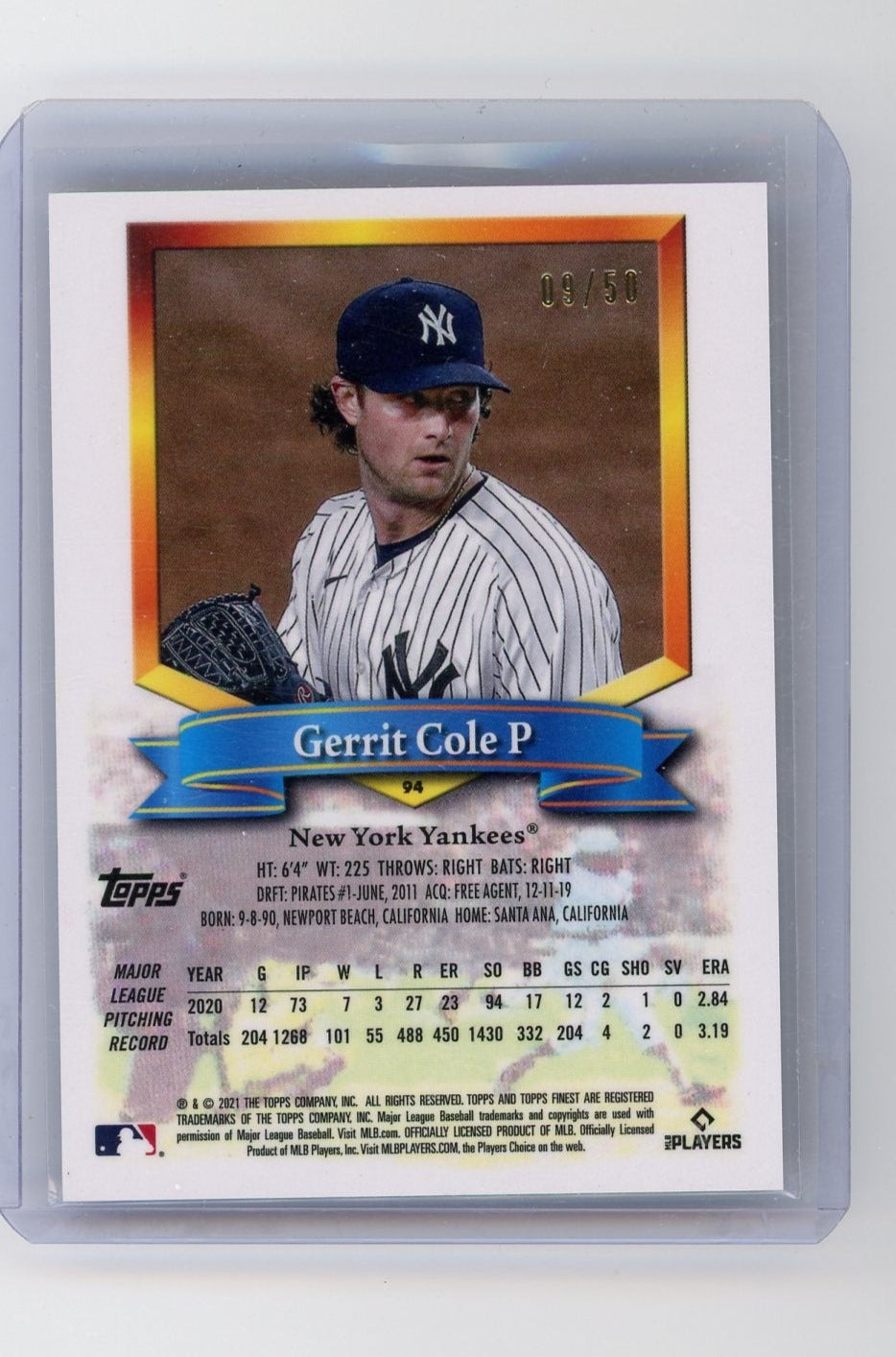 Gerrit Cole 2021 Topps Finest Flashbacks gold refractor #'d 09/50