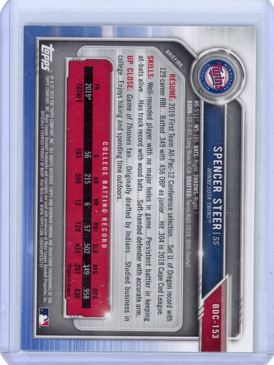 Spencer Steer 2019 1st Bowman Draft Chrome atomic