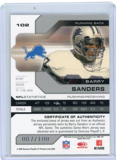 Barry Sanders 2007 Donruss Playoff Leaf Limited authentic game-worn jersey relic #'d 007/100