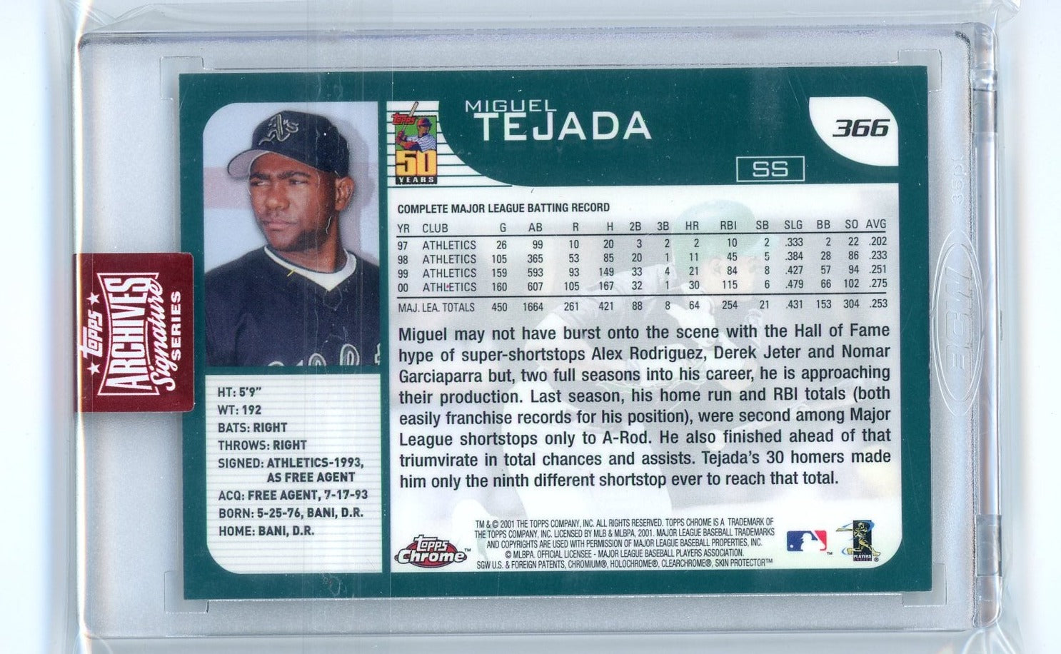 Miguel Tejada 2023 Topps Archives Signature 2001 Topps Chrome autograph #'d 1/1