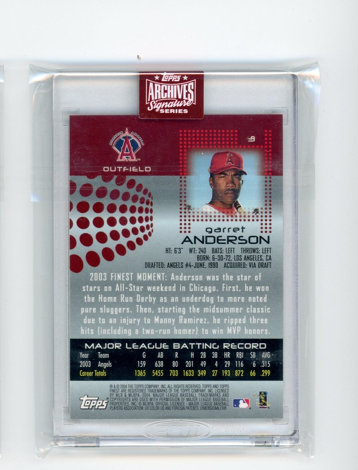 Garret Anderson 2023 Topps Archives Signature 2004 Topps Finest autograph #'d 1/1