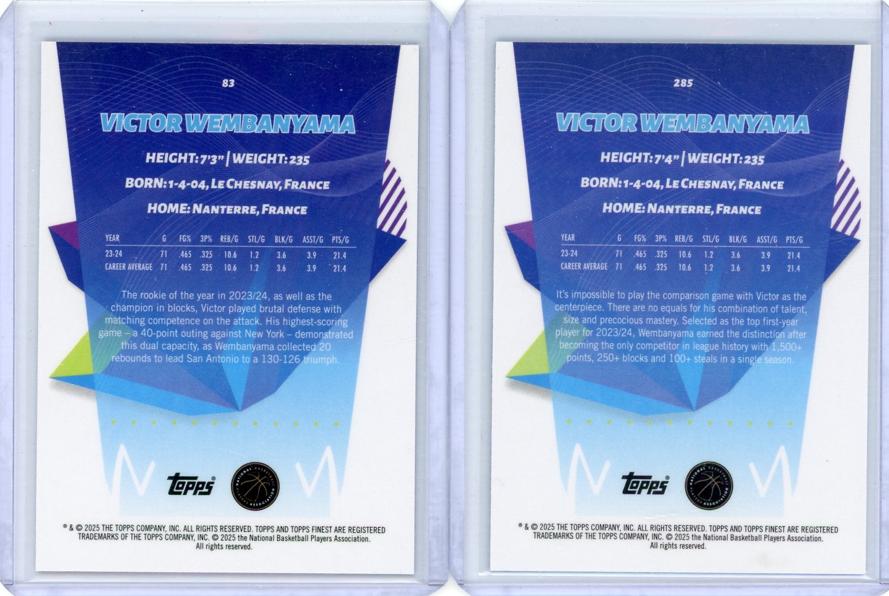 Victor Wembanyama 2024-25 Topps Finest Blue /99 + Purple X-fractor /150 2-card lot