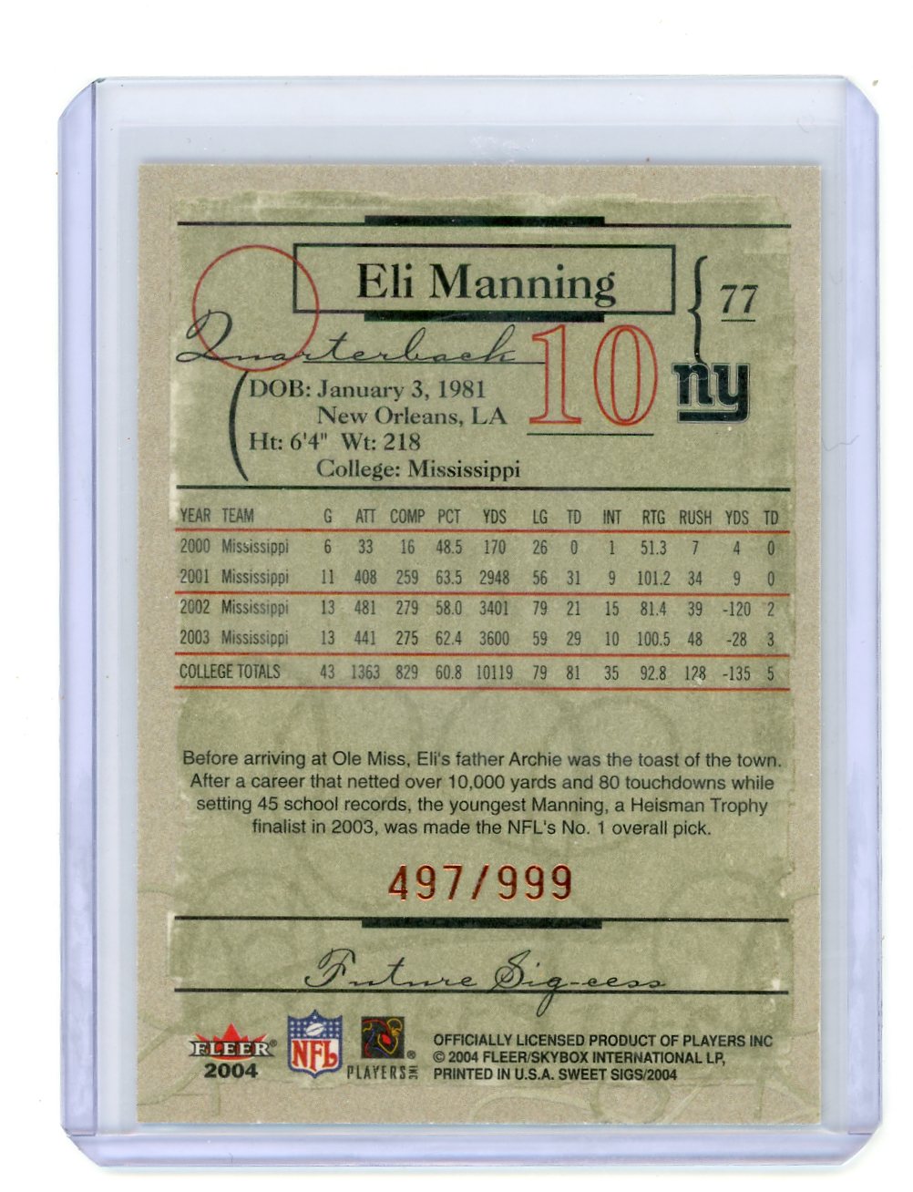 Eli Manning 2004 Fleer Sweet Sigs Rookie Card #'d 497/999
