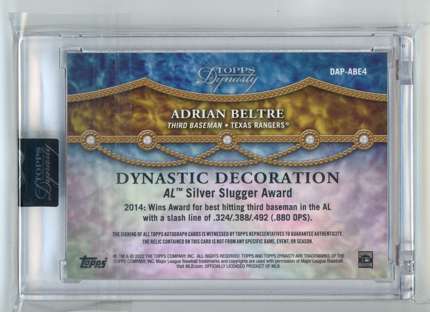 Adrian Beltre 2022 Topps Dynasty Dynastic Decoration relic autograph #'d 03/10