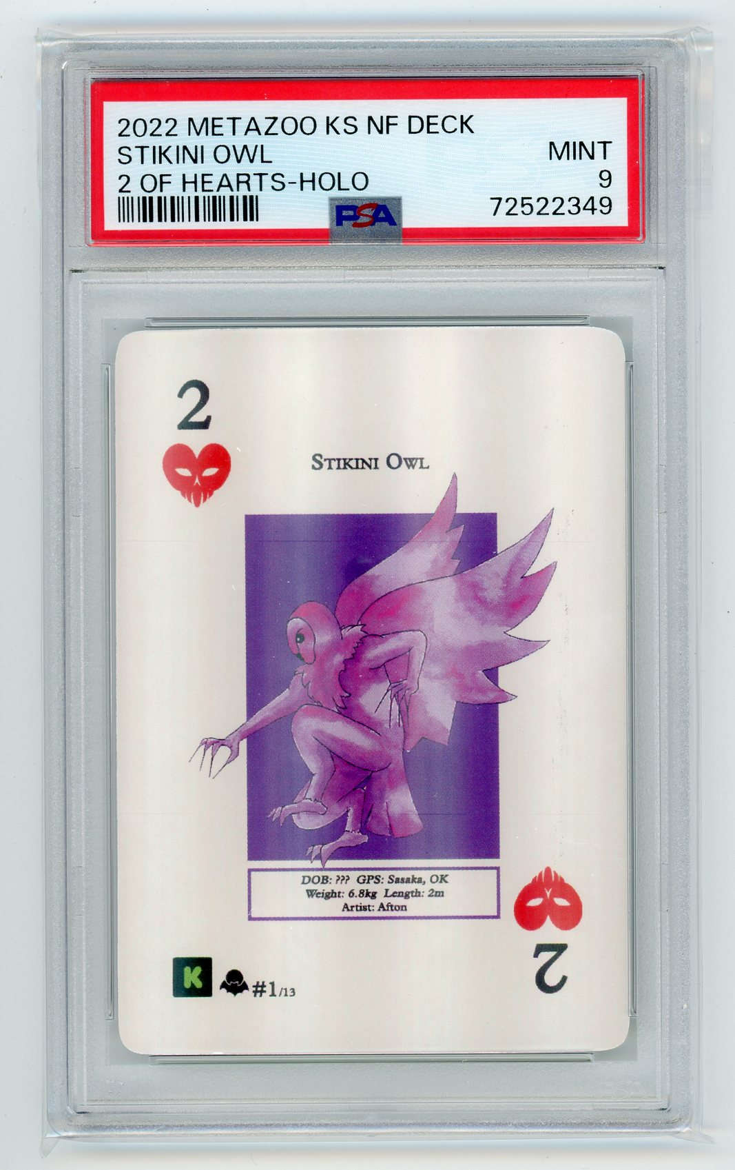 Stikini Owl 2022 MetaZoo KS NF Deck 2 of Hearts Holo PSA 9