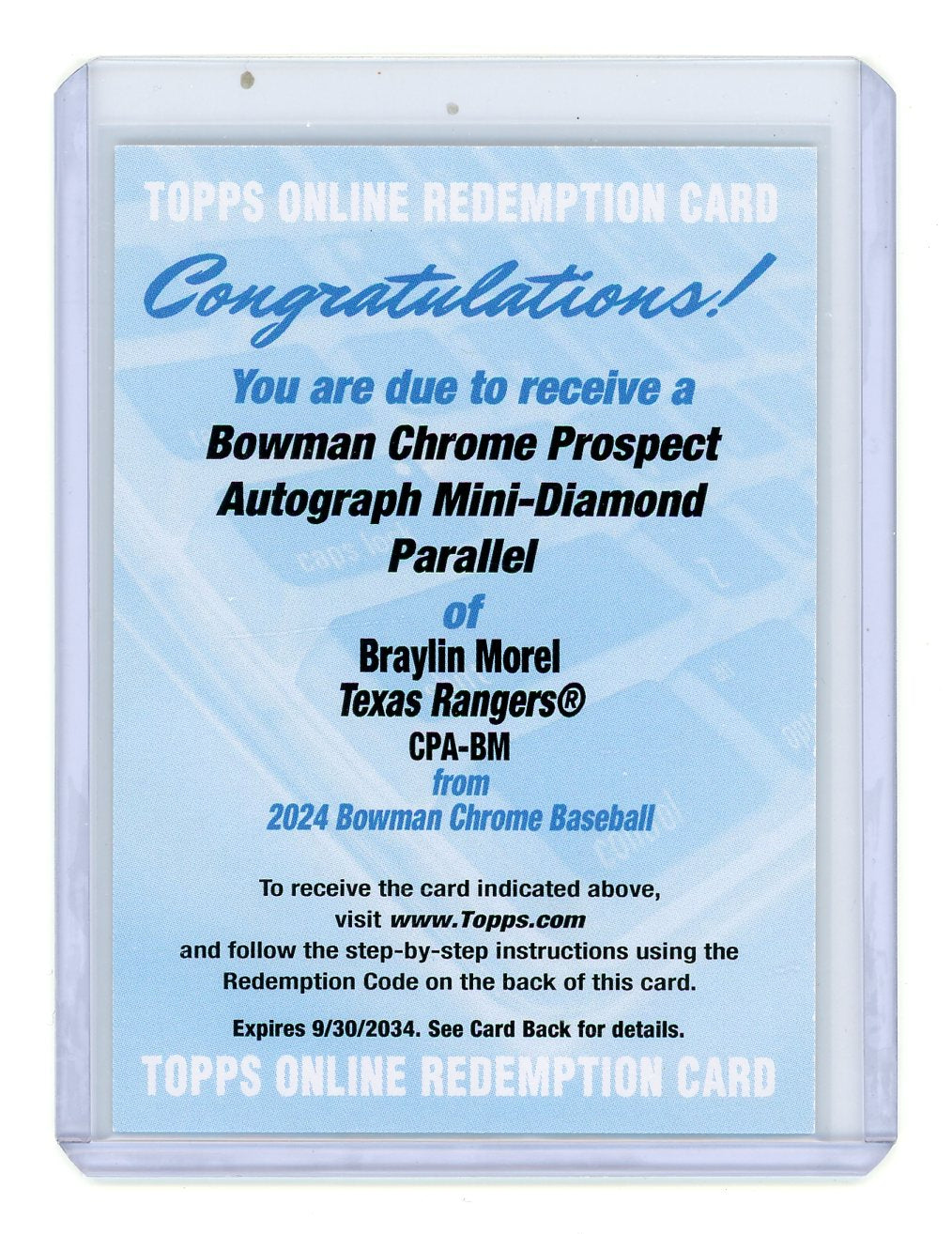 Braylin Morel 2024 Bowman Chrome Prospect Autograph-Mini Diamond #'d /100 Redemption