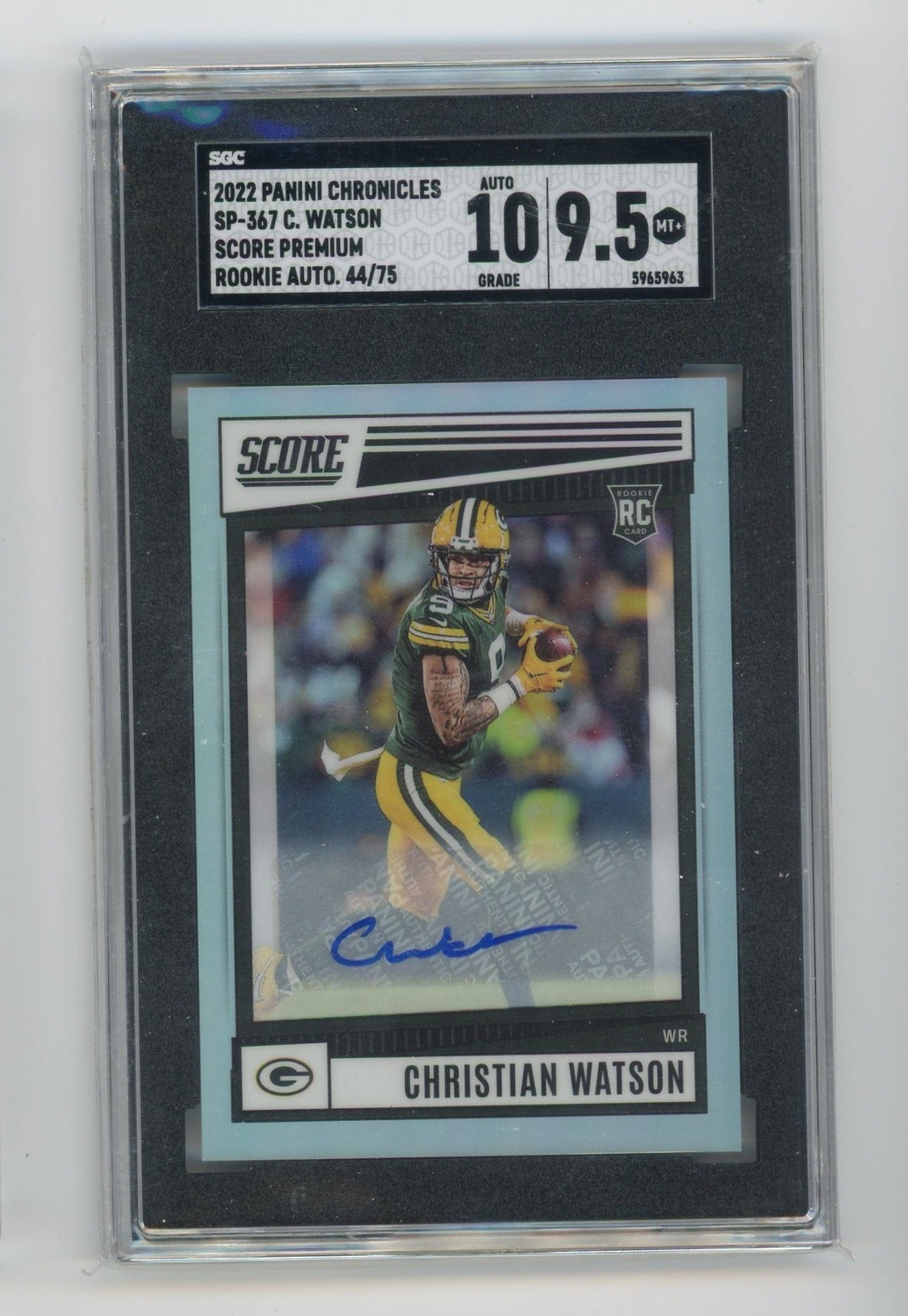 Christian Watson 2022 Panini Chronicles Score Premium autograph rookie card #'d 44/75 SGC 9.5