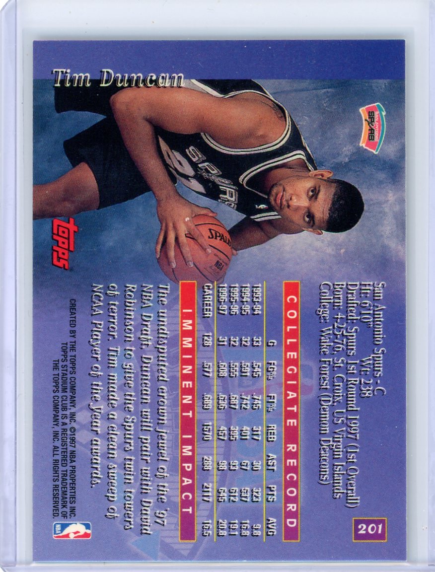 Tim Duncan 1997 Topps Stadium Club NBA Draft