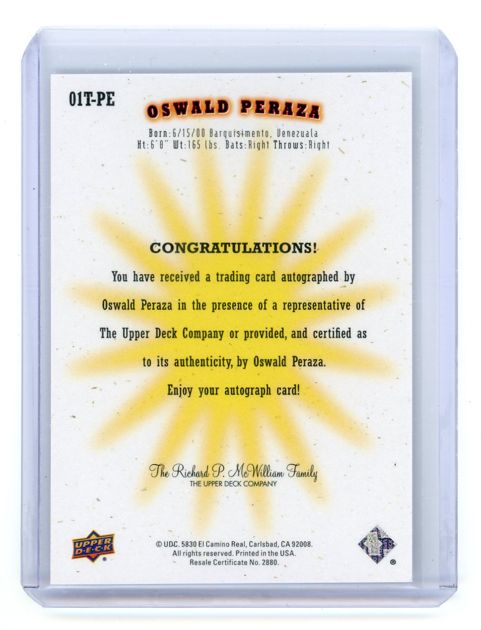 Oswald Peraza 2023 Upper Deck Goodwin Champions SP Authentic autograph rookie card #'d 153/299