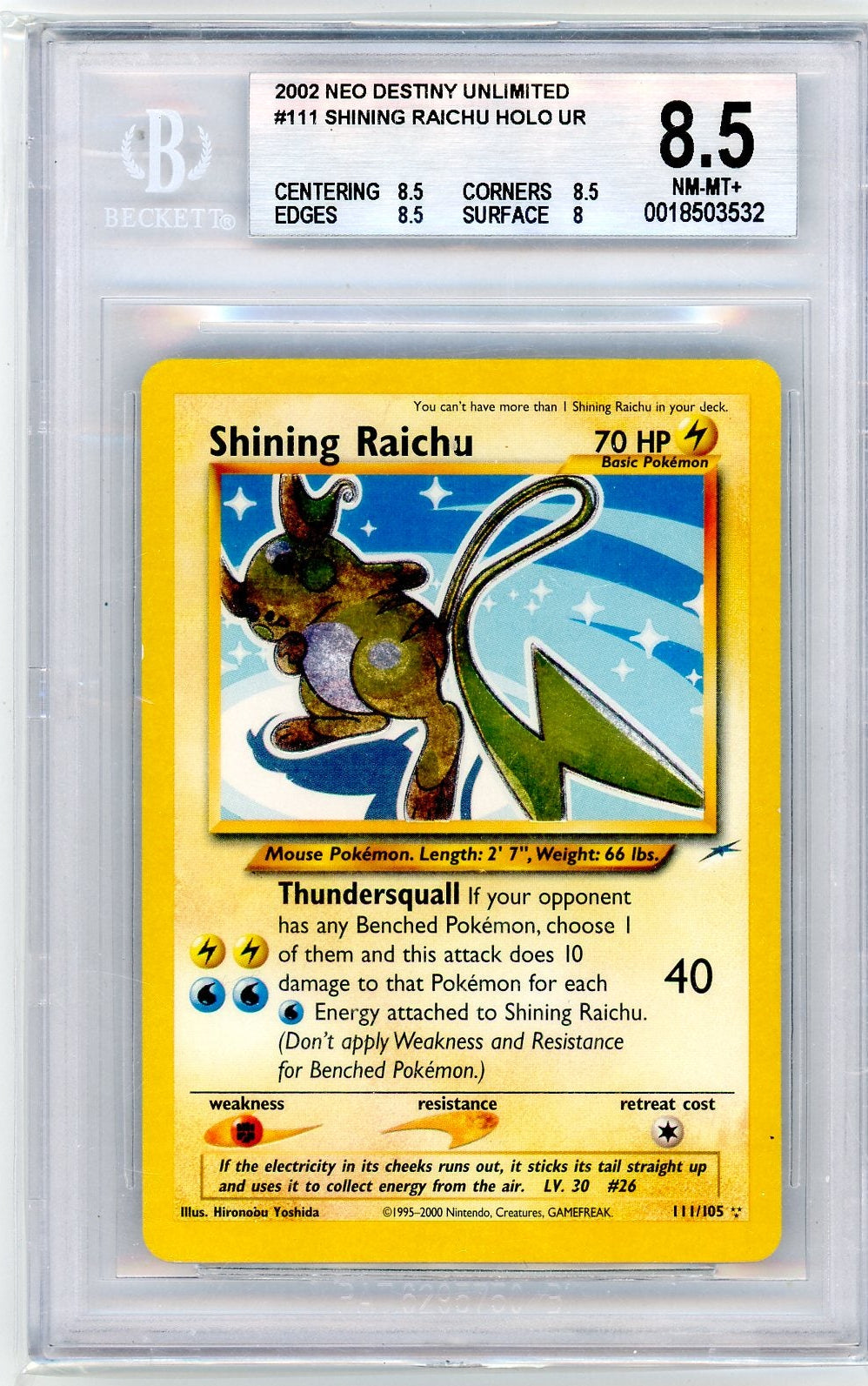 Shining Raichu Holo 2002 Neo Destiny Unlimited #111 BGS 8.5 (8.5/8.5/8.5/8)