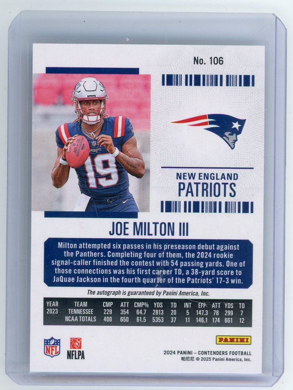 Joe Milton III 2024 Panini Contenders Rookie Ticket autograph #106