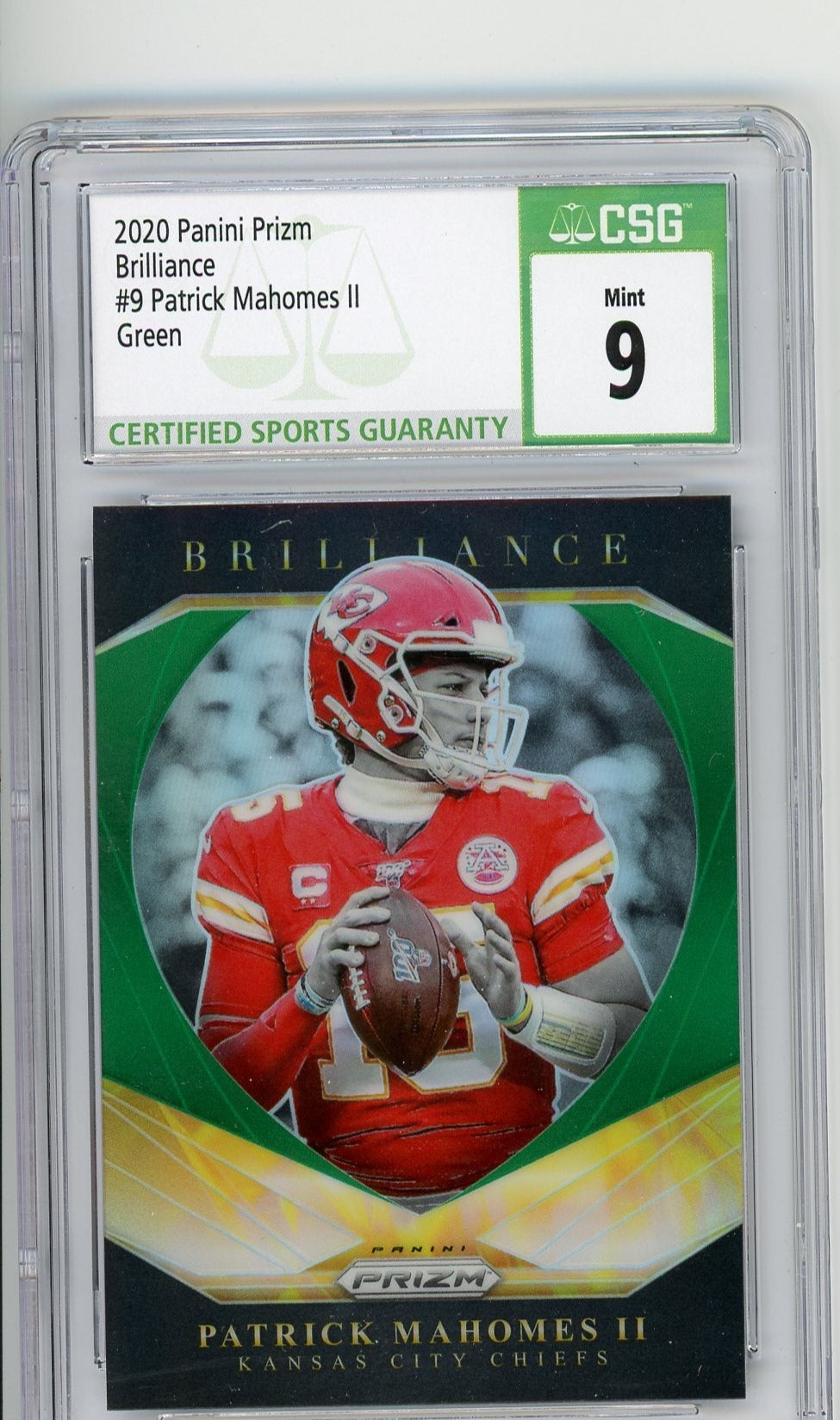 Patrick Mahomes 2020 Panini Prizm Brilliance green prizm CSG 9