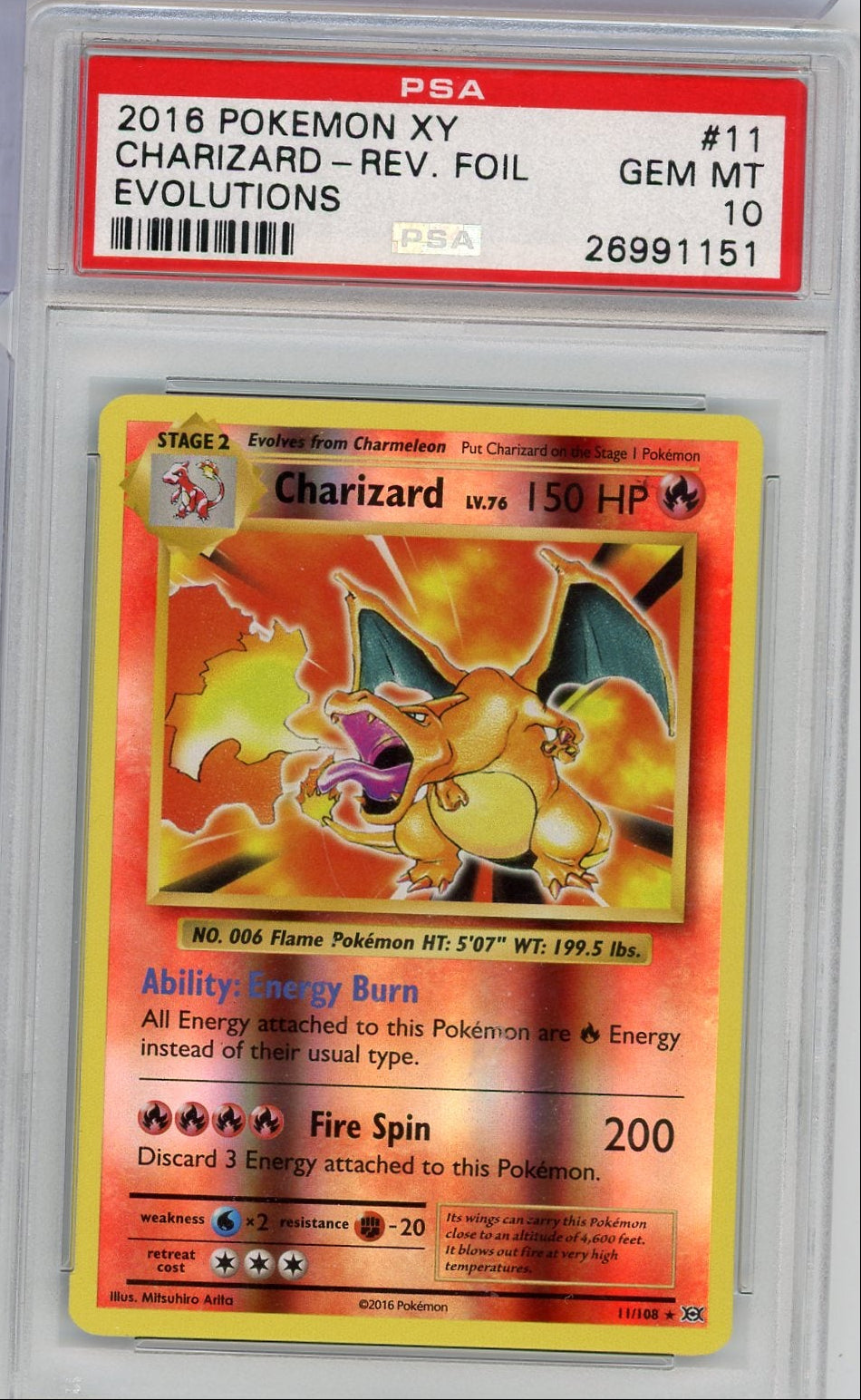 Charizard 2016 Pokemon XY Evolutions reverse foil #11/108 PSA 10