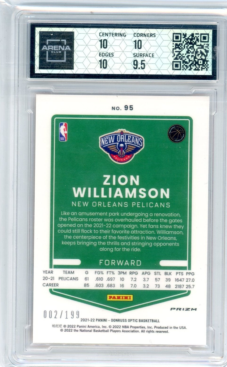 Zion Williamson 2021-22 Panini Donruss Optic orange prizm #'d 002/199 ARENA 10