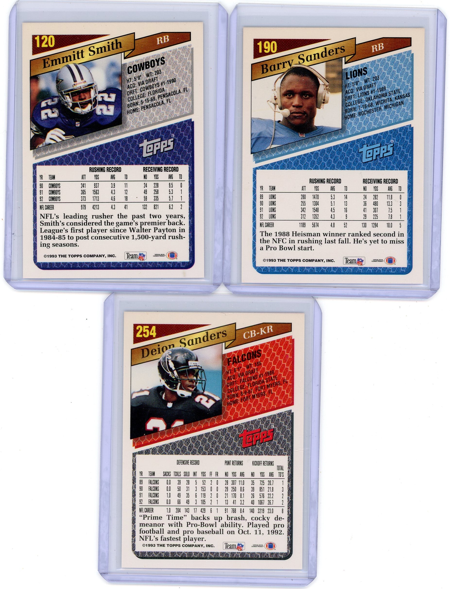 B Sanders E Smith D Sanders 1993 Topps Gold 3-card lot