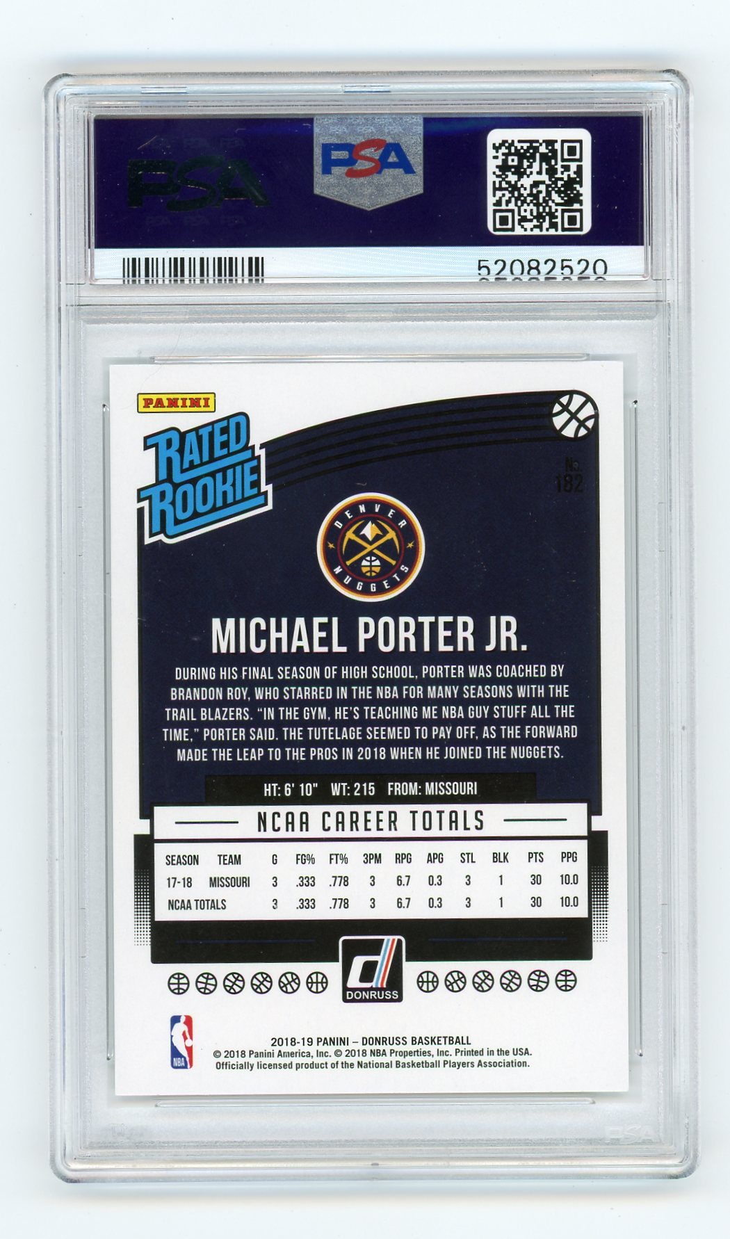 2018 Panini Donruss Michael Porter JR. PSA 10