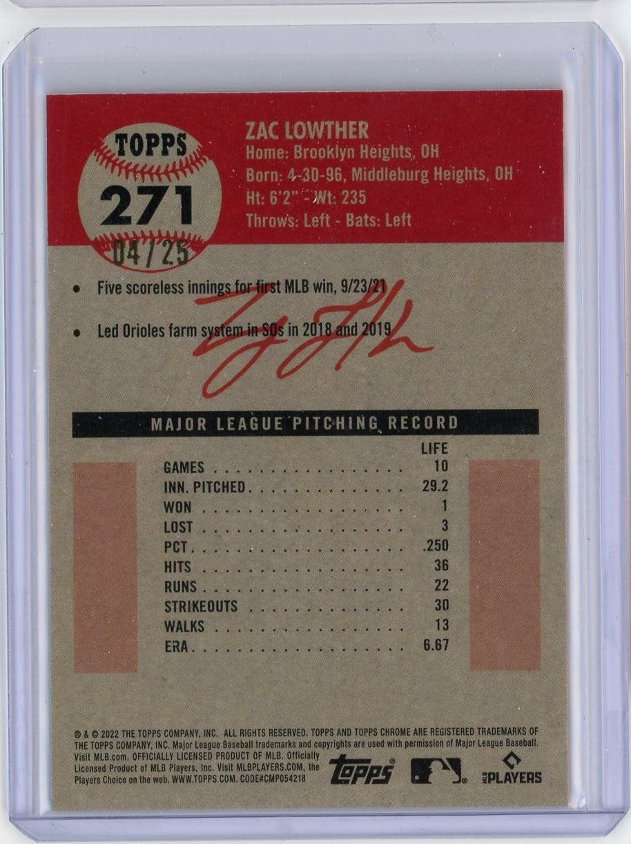 Zac Lowther 2022 Topps Chrome Platinum orange rookie card #'d 04/25