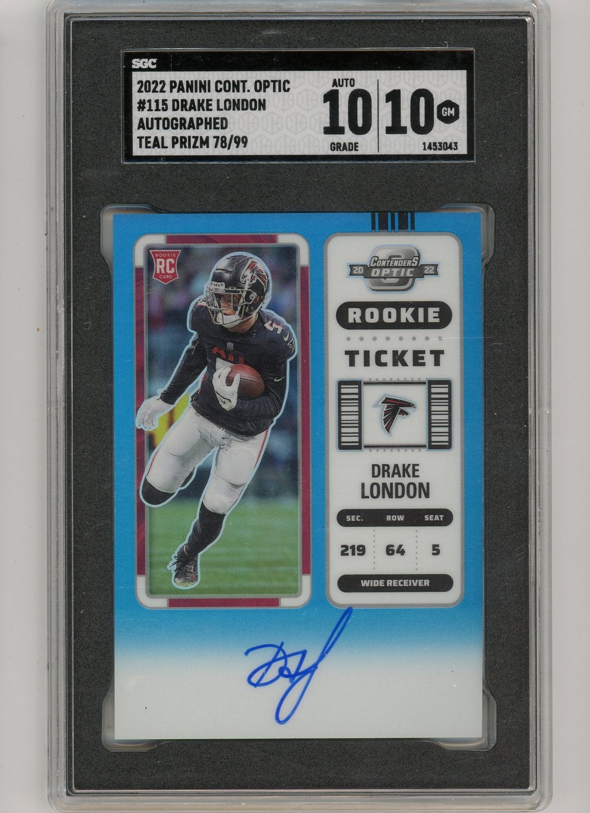 Drake London 2022 Panini Contenders Optic autograph rookie ticket teal prizm #'d 78/99 SGC 10 AUTO 10