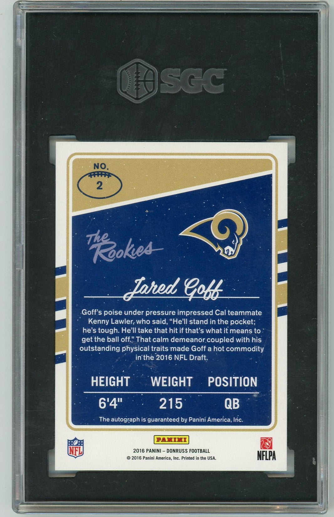 Jared Goff 2016 Panini Donruss The Rookies autograph #'d 24/50 SGC 9.5 AUTO 10