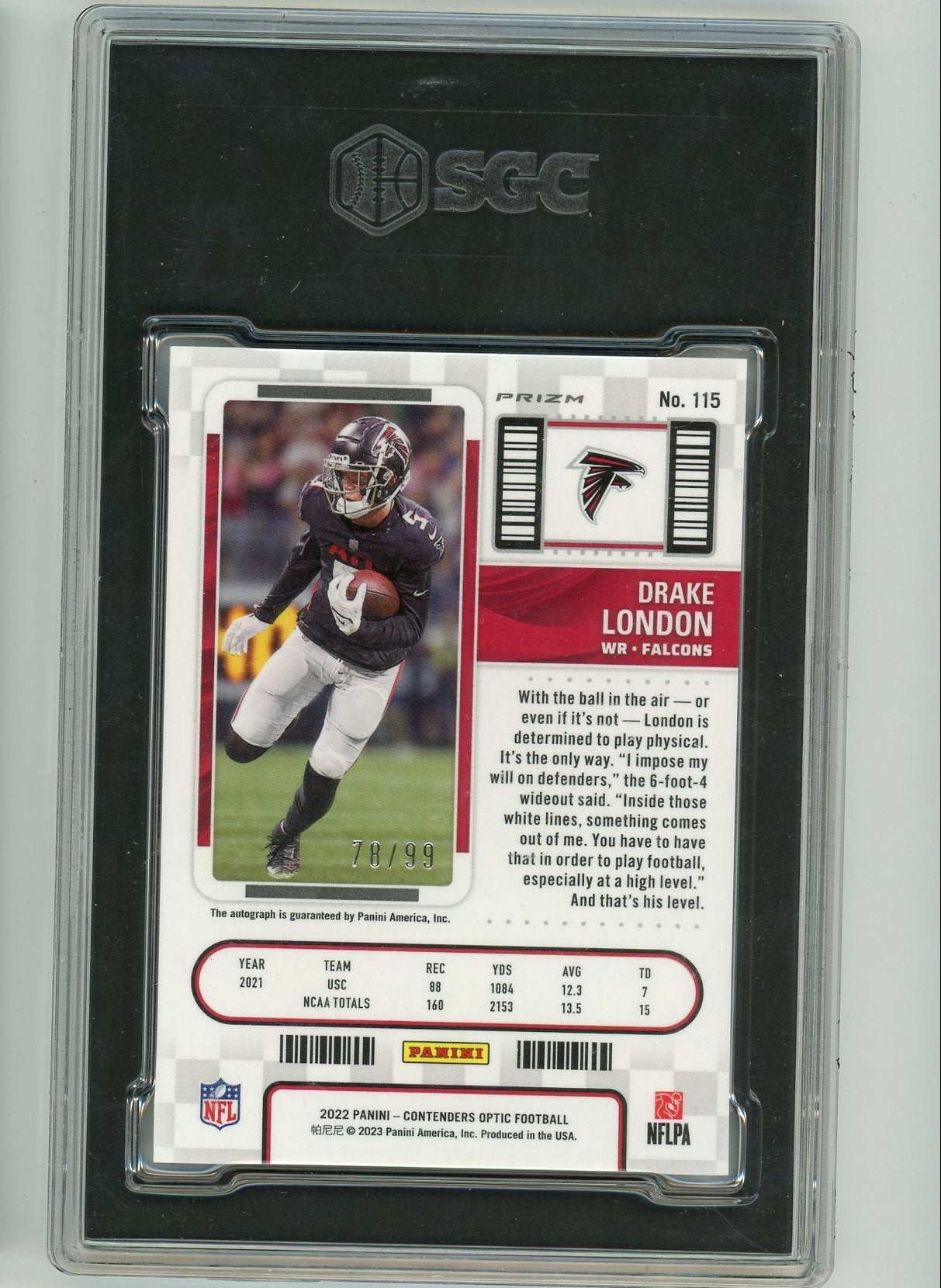 Drake London 2022 Panini Contenders Optic autograph rookie ticket teal prizm #'d 78/99 SGC 10 AUTO 10