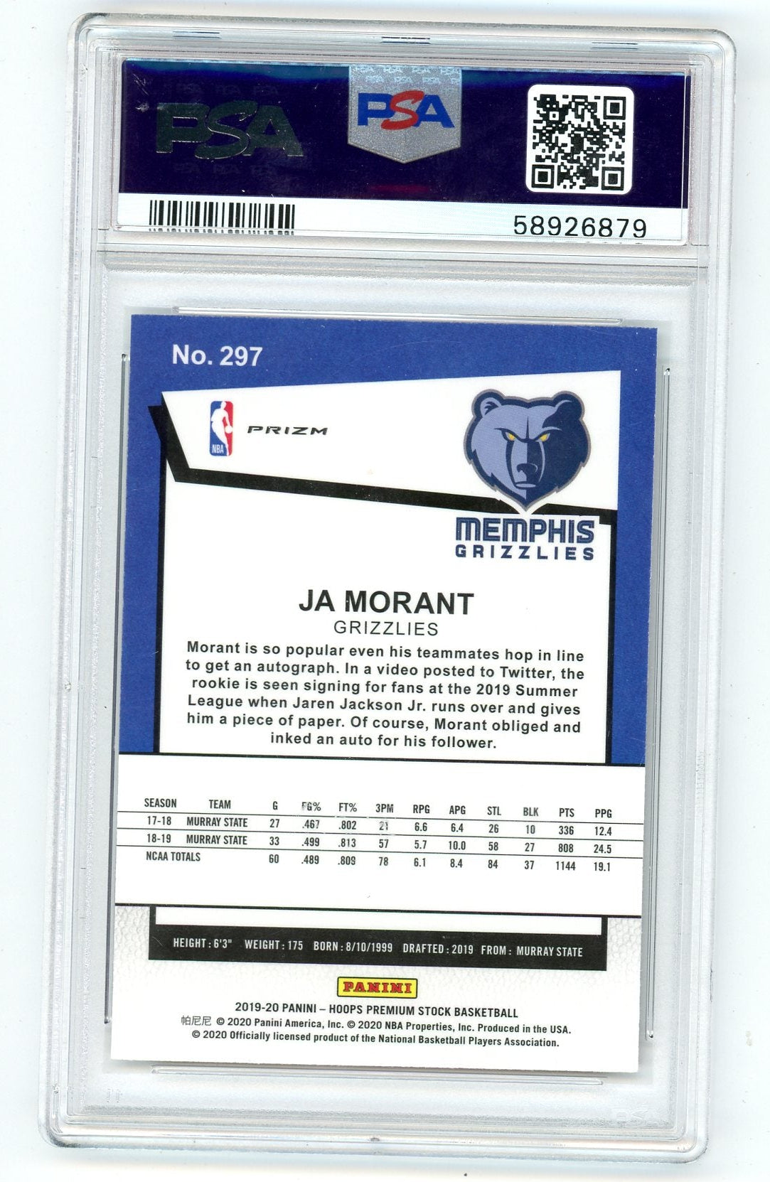 Ja Morant 2019 Panini Hoops Premium Stock purple disco prizm rookie card PSA 10