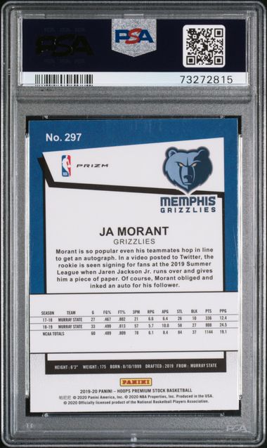Ja Morant 2019 Panini Hoops Premium Stock Purple Disco PSA 10