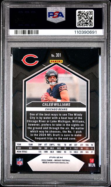 Caleb Williams 2024 Panini Mosaic Reactive Blue prizm rookie card PSA 10