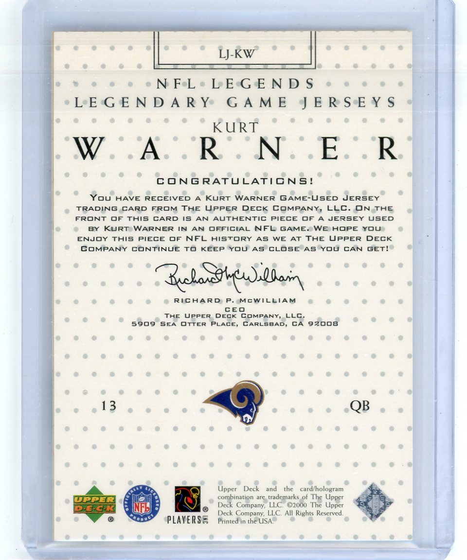 Kurt Warner 2000 Upper Deck Legendary Game Jerseys auth. game-worn jersey relic