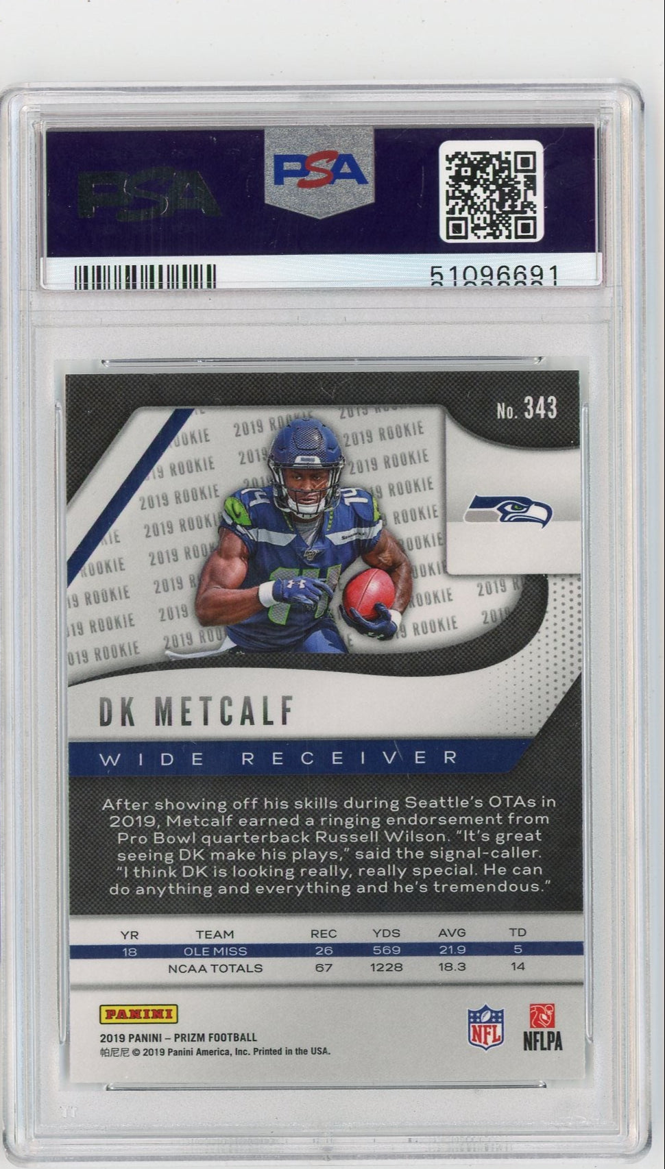 DK Metcalf 2019 Panini Prizm rookie card PSA 10