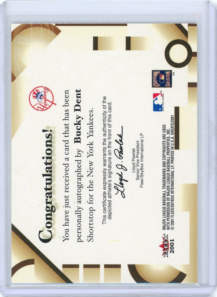 Bucky Dent 2001 Fleer Greats of the Game autograph