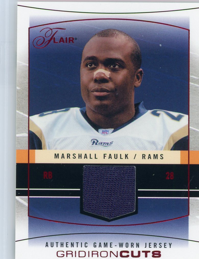 Marshall Faulk 2004 Fleer Flair Gridiron Cuts auth. game-used jersey relic red #'d 077/150