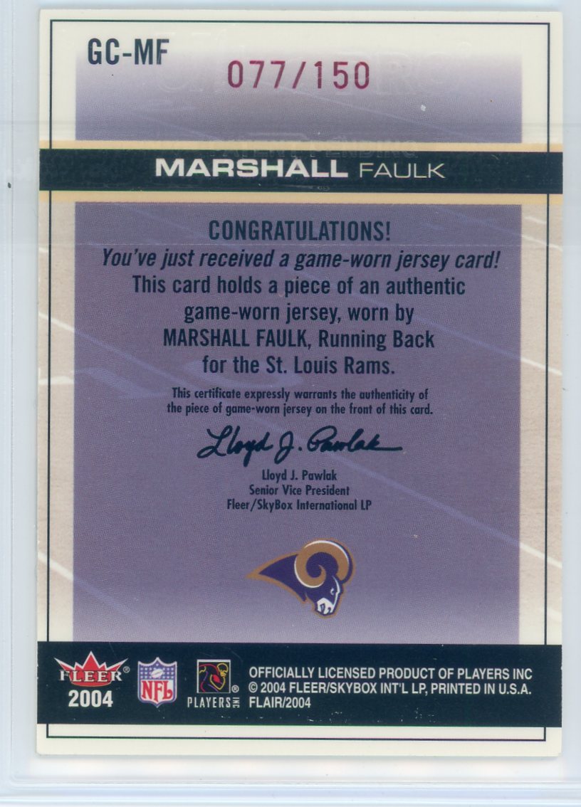 Marshall Faulk 2004 Fleer Flair Gridiron Cuts auth. game-used jersey relic red #'d 077/150