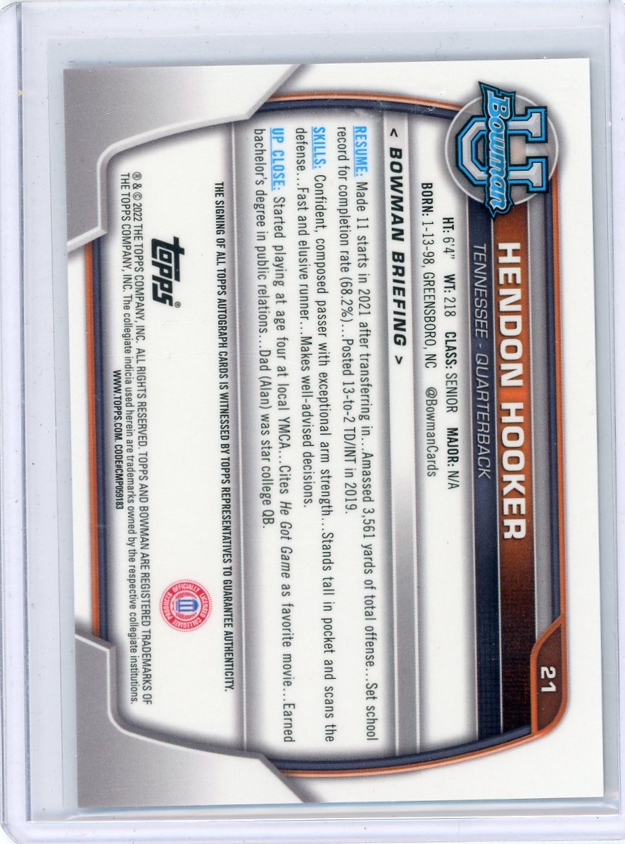 Hendon Hooker 2022 Bowman Chrome University Football 1st Bowman Autograph