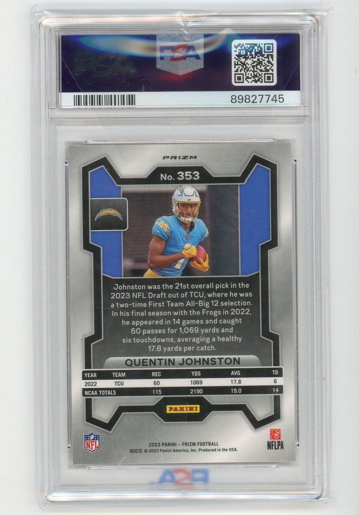 Quentin Johnston 2023 Panini Prizm orange lazer prizm rookie card PSA 9