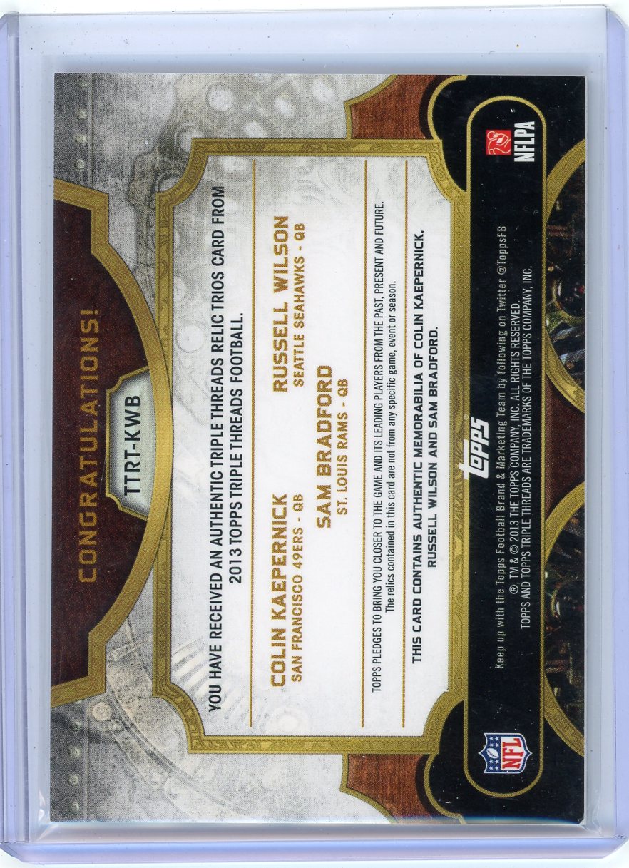 Russell Wilson / Colin Kapernick / Sam Bradford 2013 Topps Triple Threads Triple Relic #'d 21/27