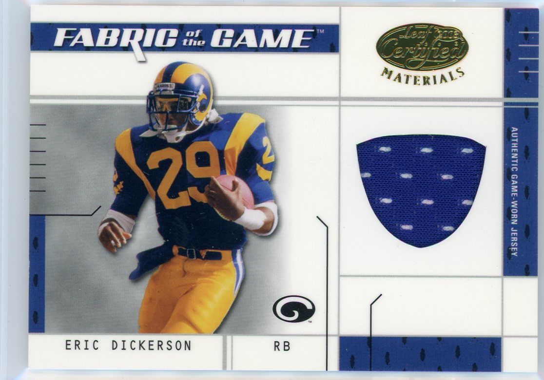 Eric Dickerson 2003 Donruss Leaf Certified Fabric of the Game auth. game-used jersey relic #'d 15/50