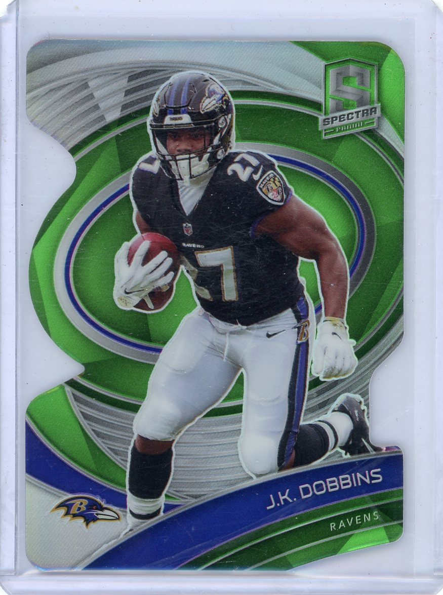JK Dobbins 2021 Panini Spectra die-cut green prizm #'d 04/30