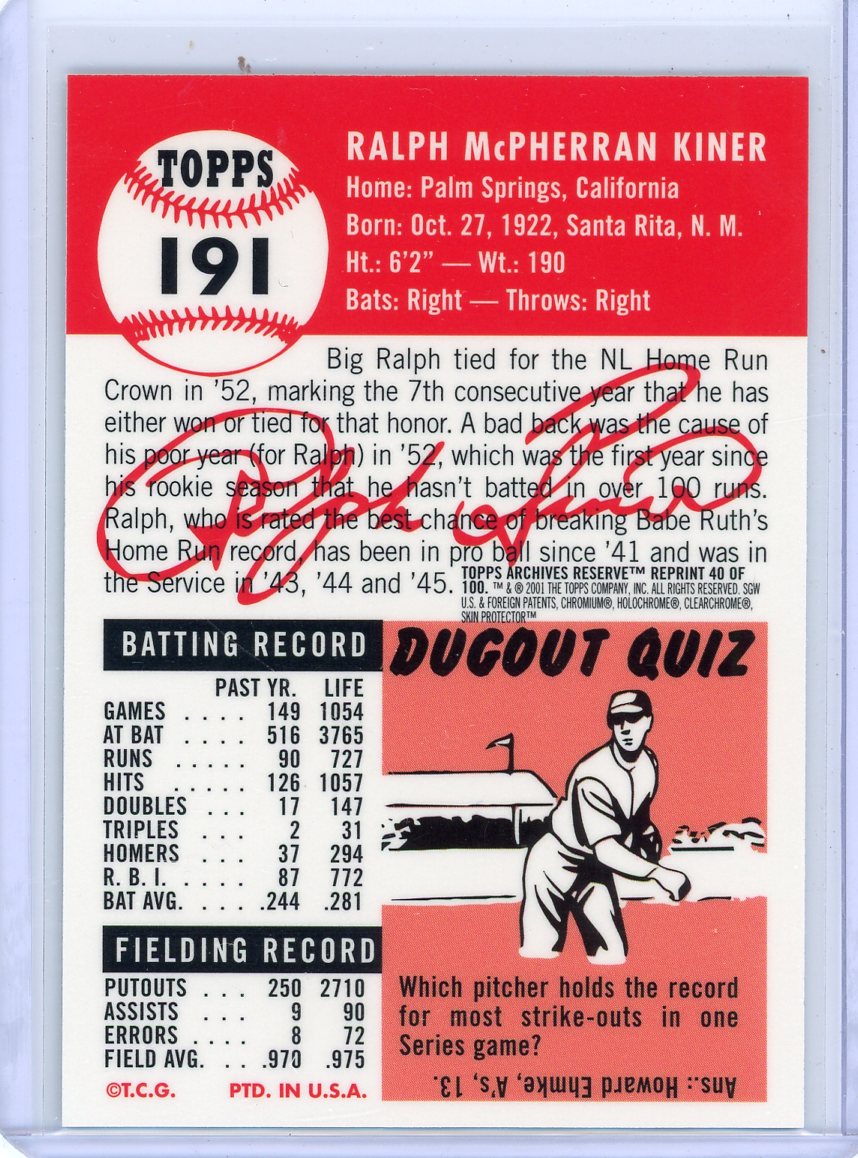Ralph Kiner 1996 Topps Chrome 1956 Topps reprint refractor #191