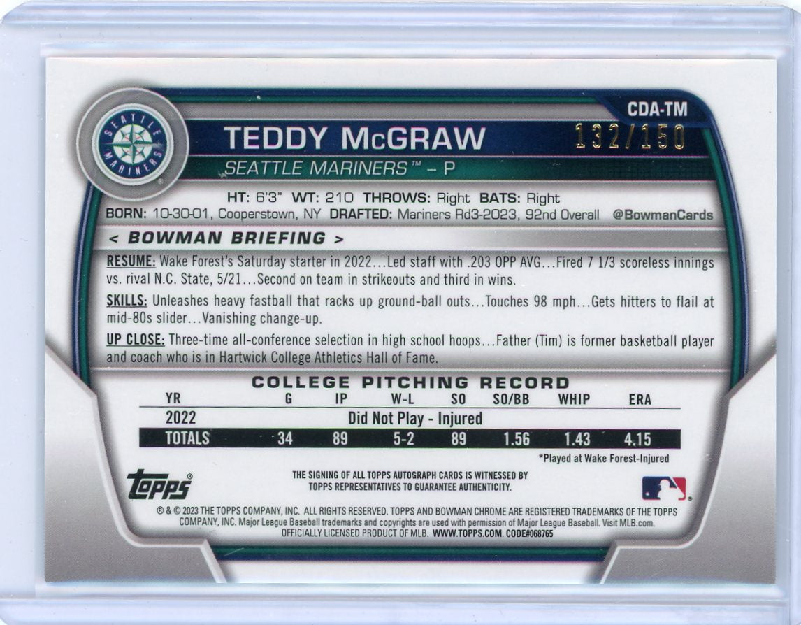 Teddy McGraw 2023 Bowman Chrome 1st Bowman Blue Autograph #'d 132/150