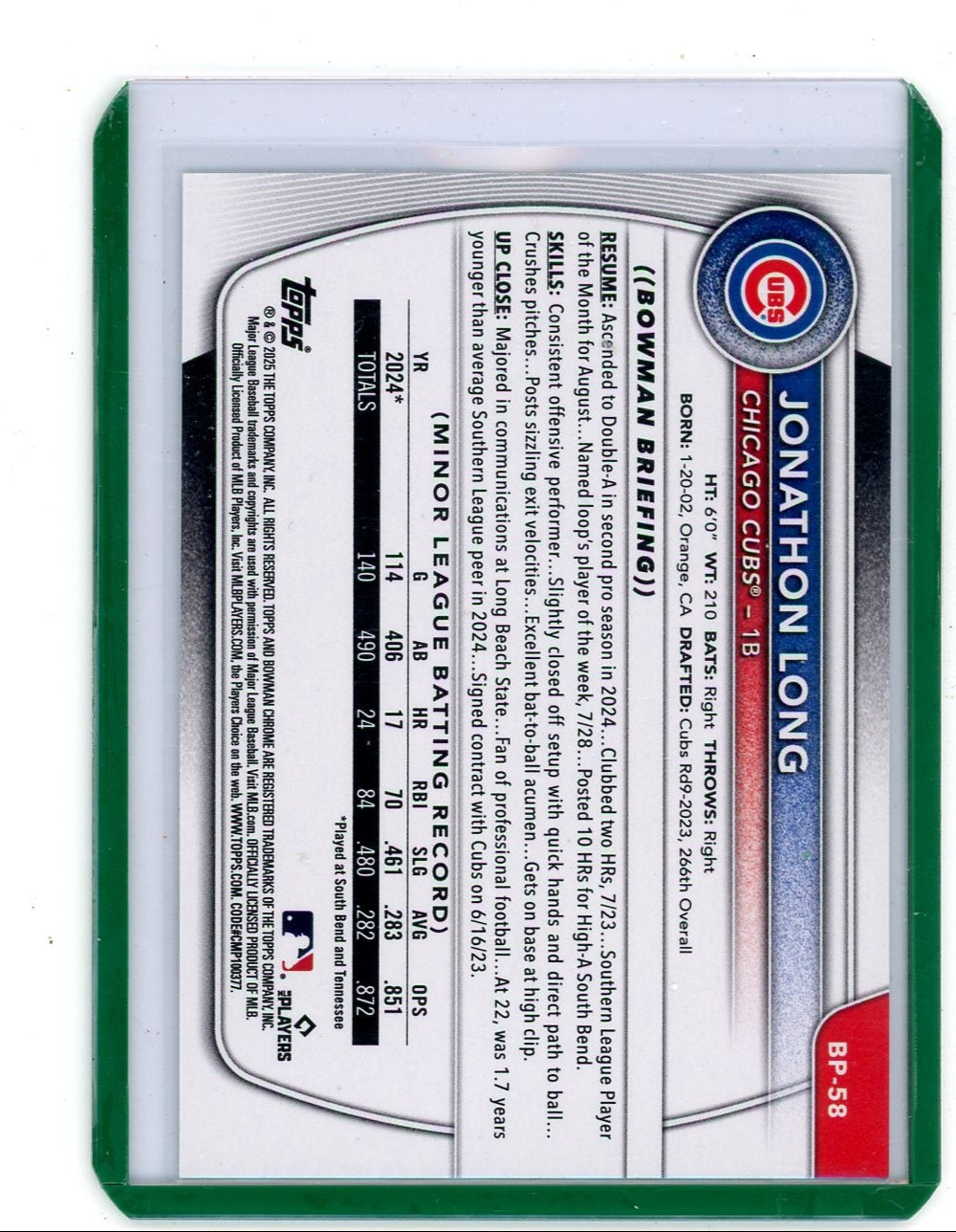 Jonathon Long 2025 Bowman Prospects Retro Logo Foil