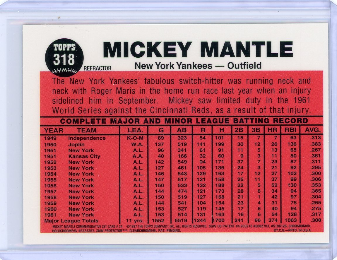 Mickey Mantle 1996 Topps Chrome 1962 Topps refractor #318