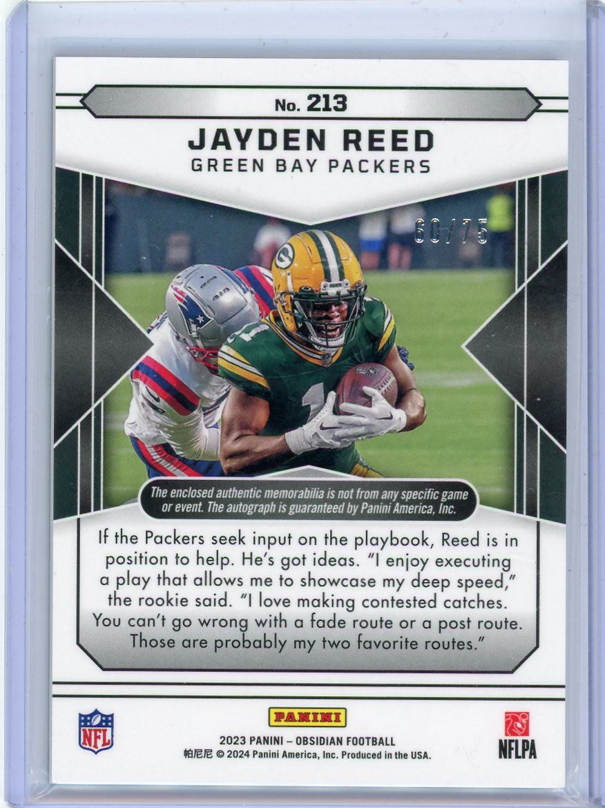 Jayden Reed 2023 Panini Obsidian Purple Etch RPA #'d 60/75