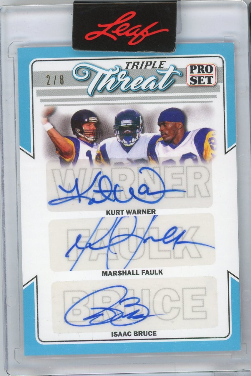Kurt Warner Marshall Faulk Isaac Bruce 2022 Leaf Triple Threat Autos #'d 2/8