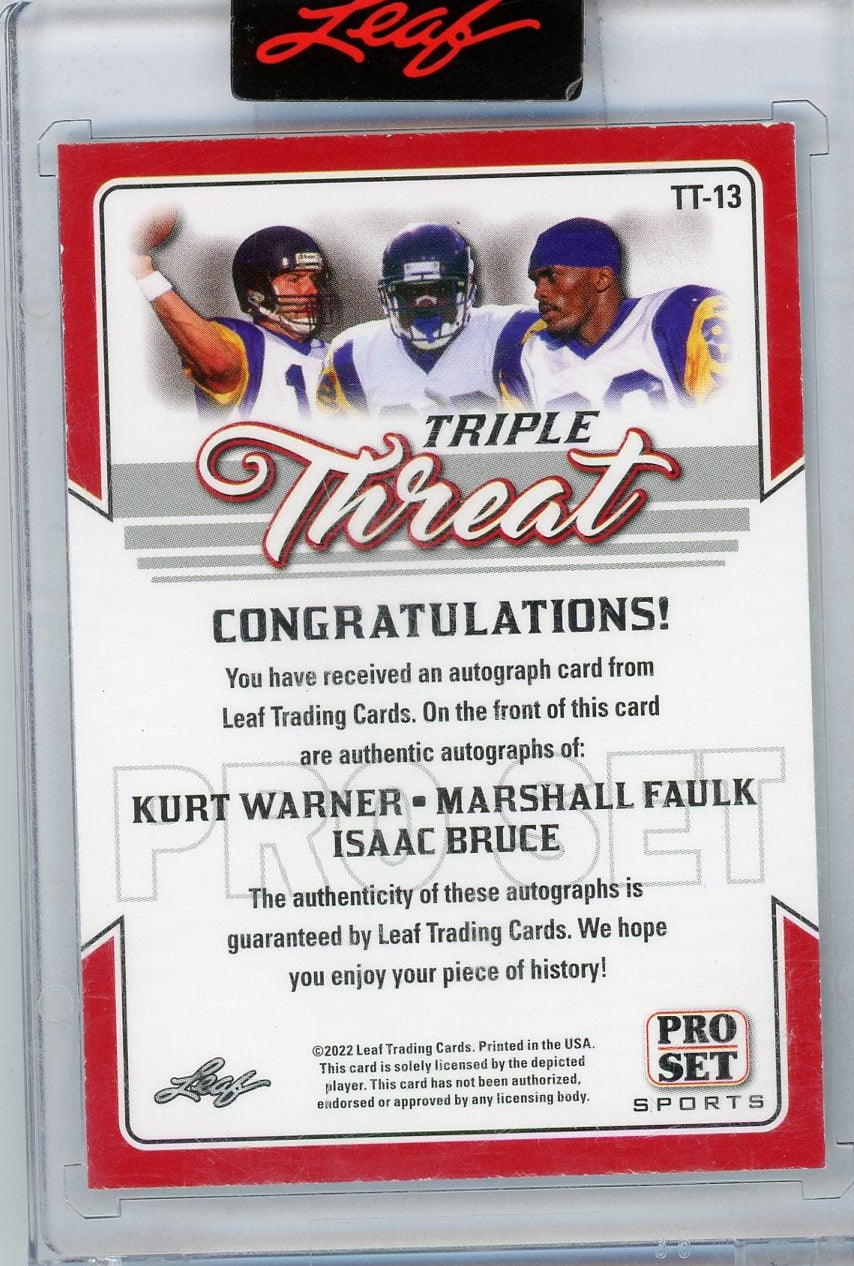 Kurt Warner Marshall Faulk Isaac Bruce 2022 Leaf Triple Threat Autos #'d 2/8