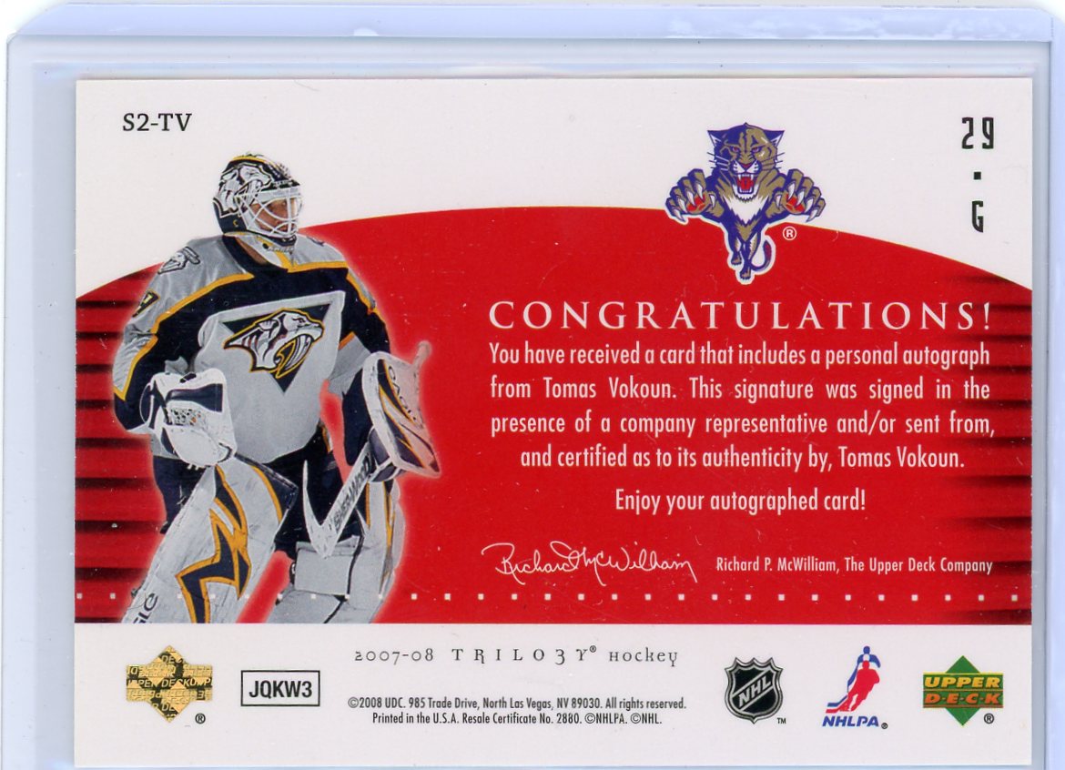 Tomas Vokoun 2007-08 Upper Deck Trilogy Script autograph