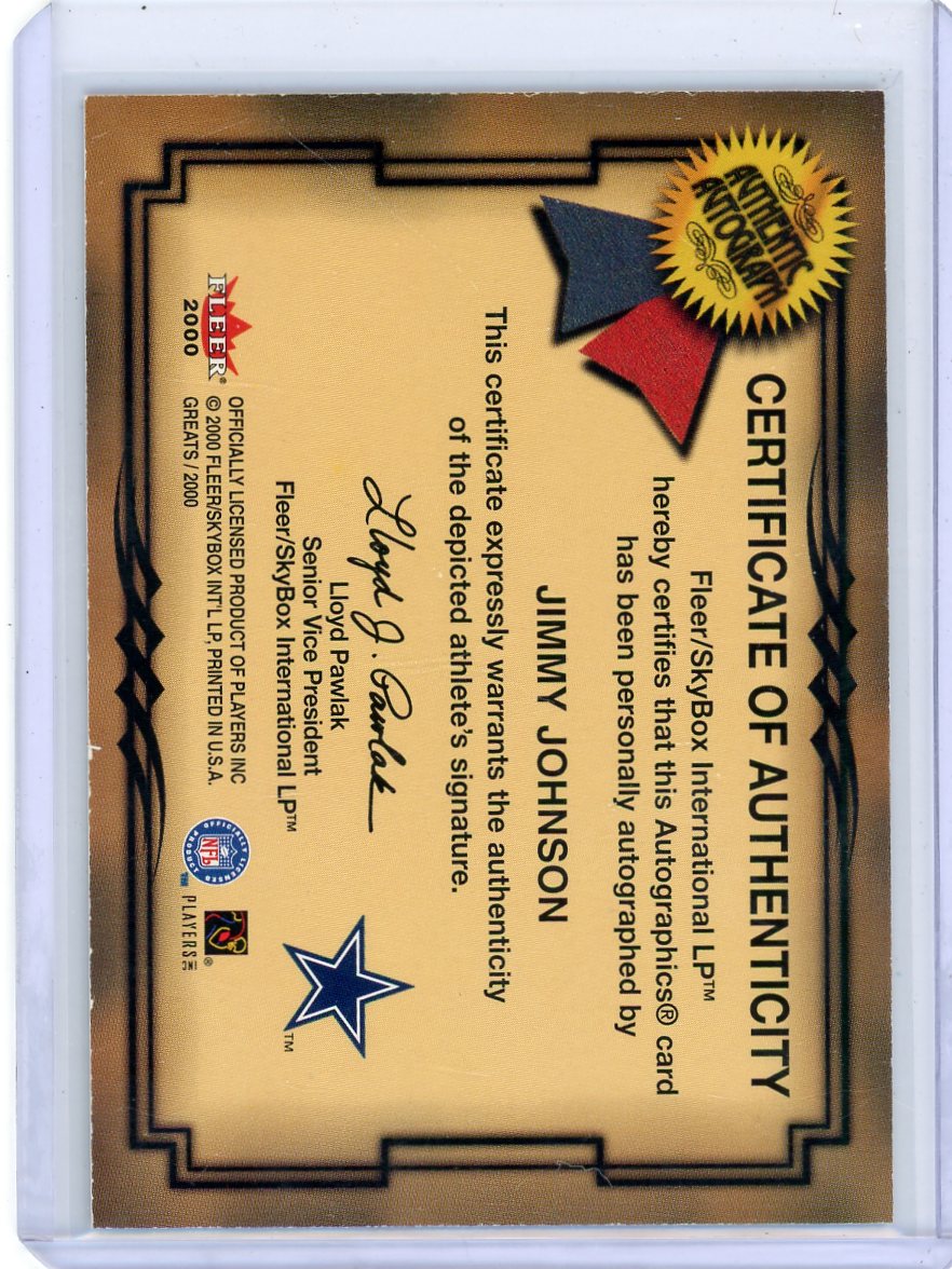 Jimmy Johnson 2000 Fleer Greats Of The Game Autograph