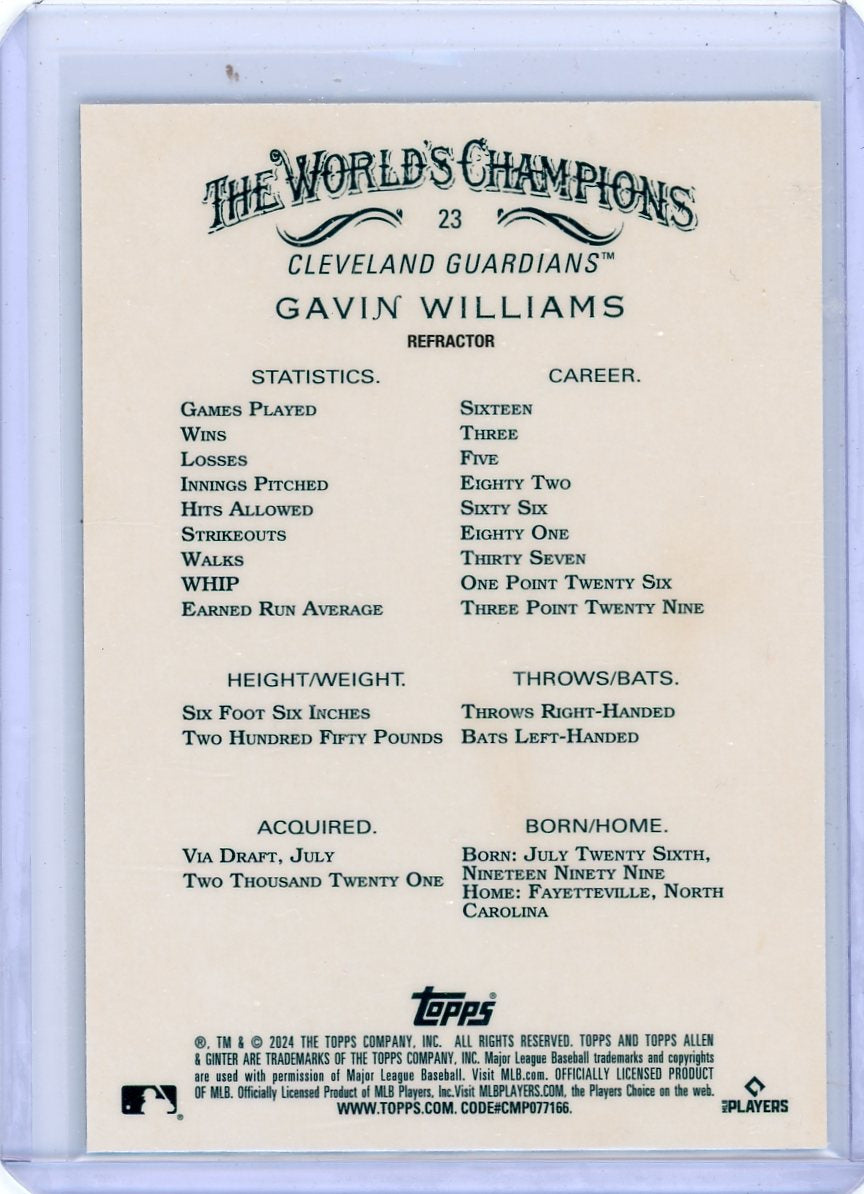 Gavin Williams 2024 Topps Allen & Ginter Chrome Refractor rookie card SP