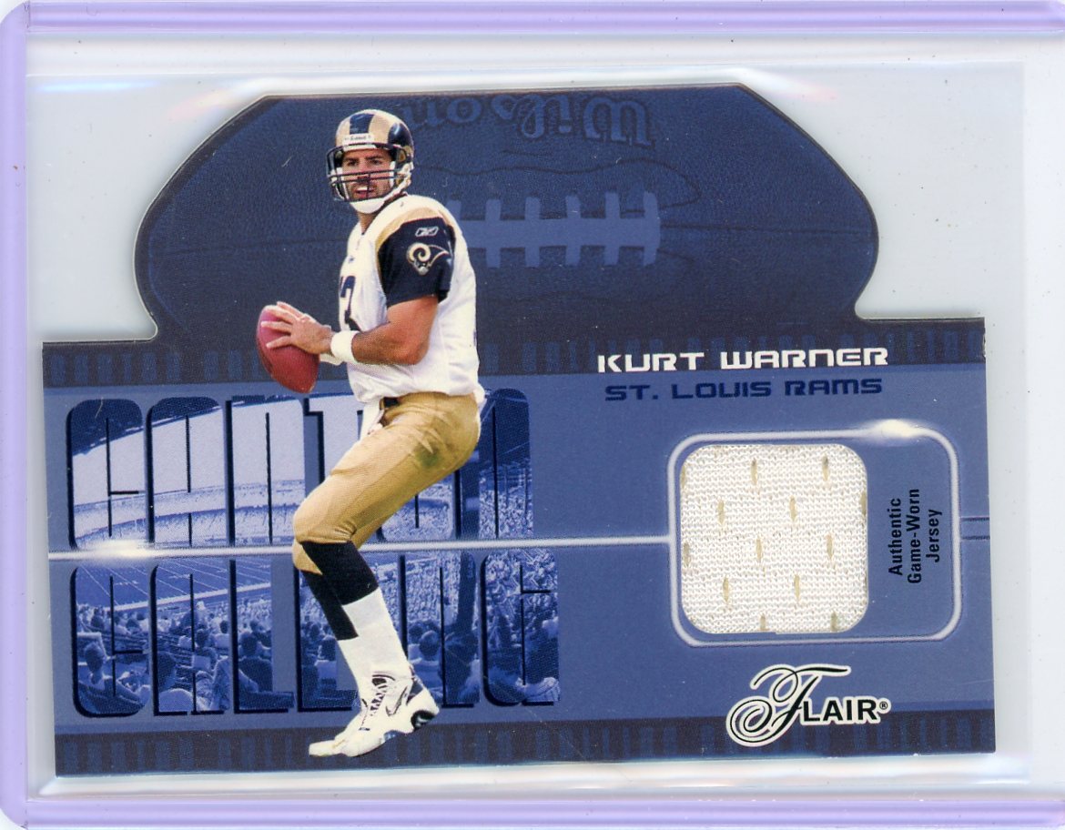 Kurt Warner 2003 Fleer Flair Canton Calling auth. game-used jersey relic die-cut