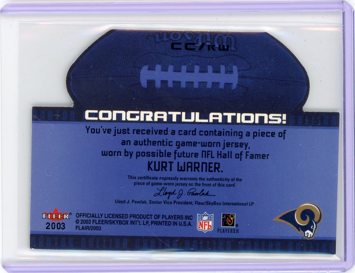 Kurt Warner 2003 Fleer Flair Canton Calling auth. game-used jersey relic die-cut